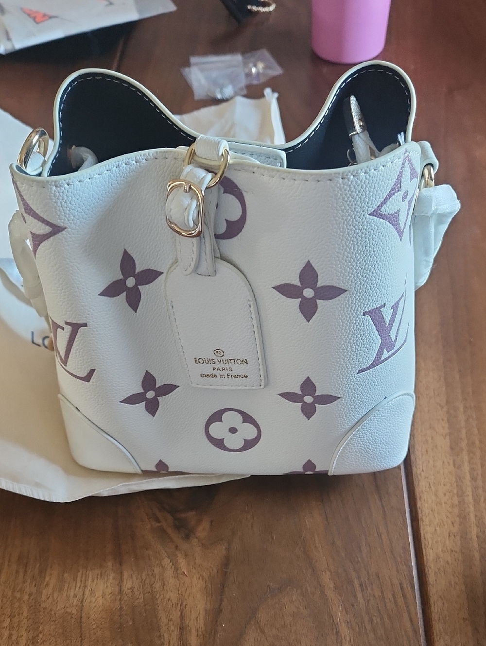 Fashion to Figure White Shoulder Bag with Lilac Monogram Print and Gold Hardware